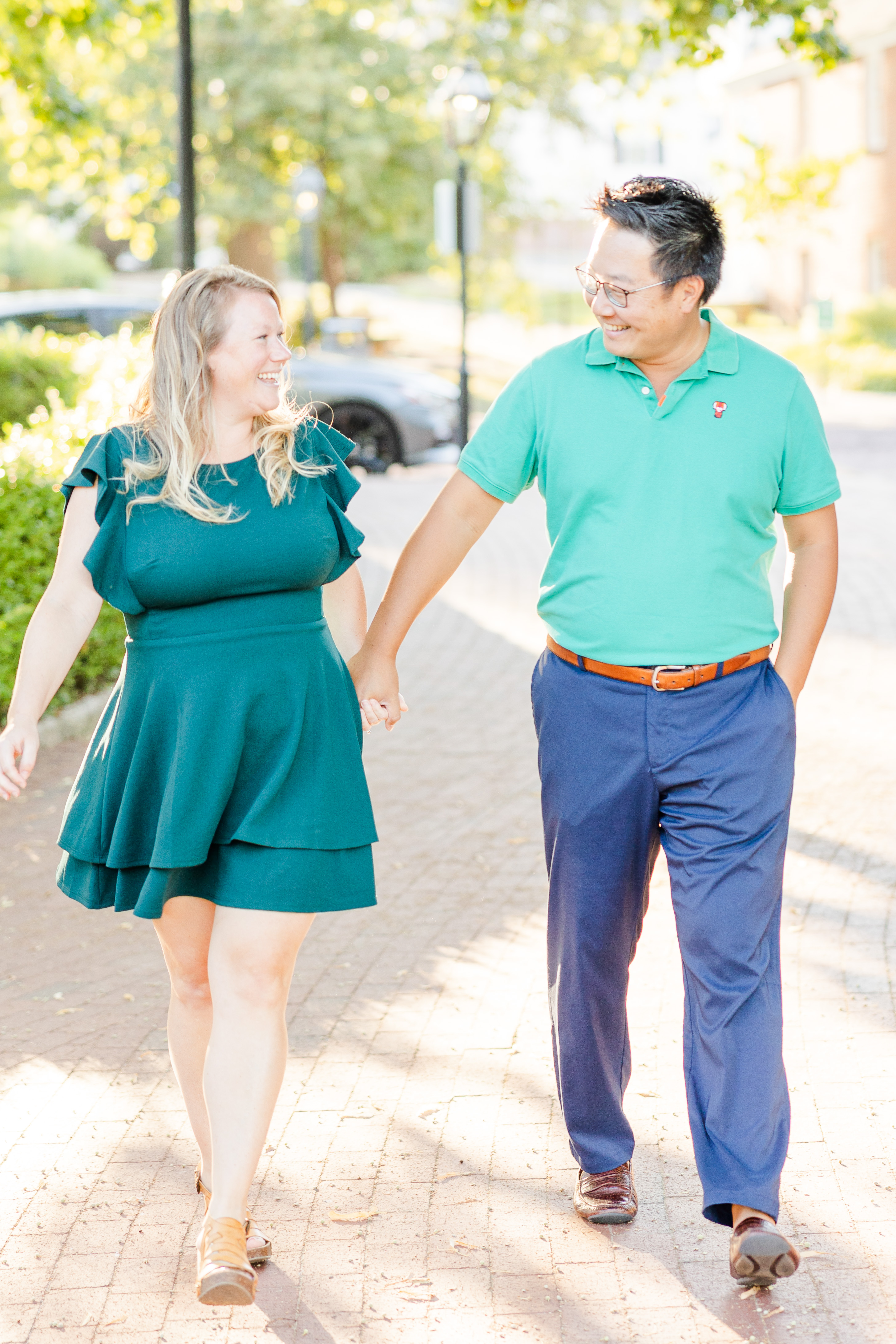 walking engagement photos Main Street St. Charles